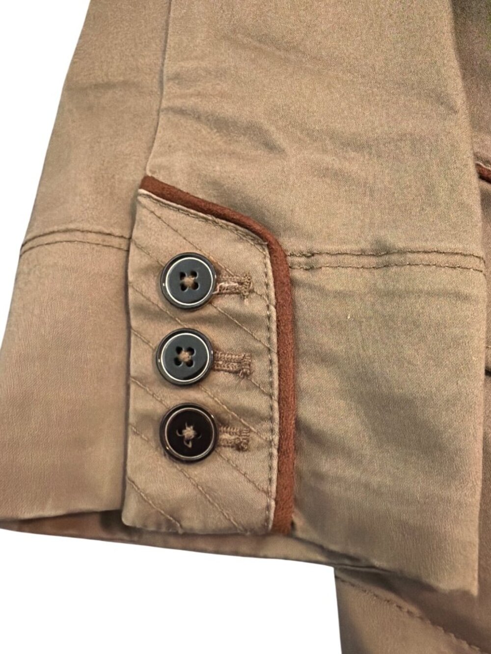White House Black Market Tan Military Style Jacket Brown Piping Button Cuff Sz 2 - Picture 2 of 6